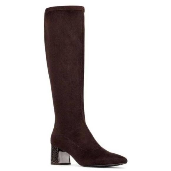 Donald Plinner Reginasu Dark Brown Stretch Suede Boots Size 9 Block Heel - Picture 1 of 8